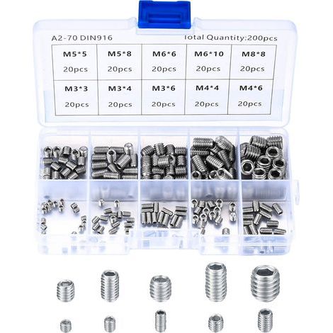 200 tornillos sin cabeza de acero inoxidable, tornillos para máquinas M3, M4, M5, M6 y M8, kit de fijación surtido con tornillos de ajuste.
