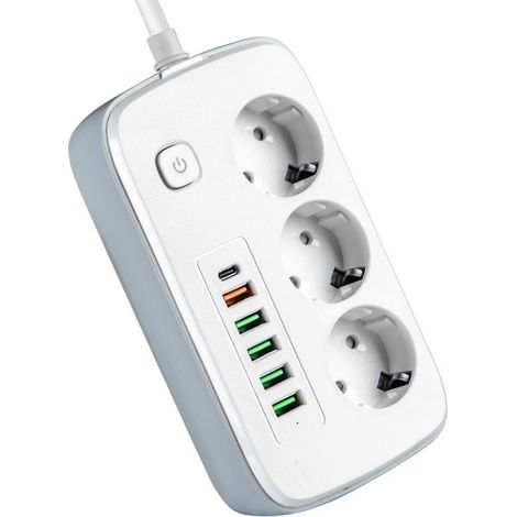 Multiprise 3 Prises Schuko + USB-C + 5 USB, Interrupteur, Câble 2m, Blanc (1/5)