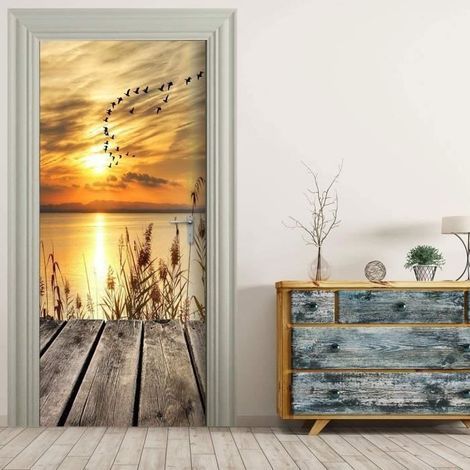 Sticker Porte - 3D Sunset Wall Decal - Waterproof PVC for Bedroom or Living Room (88x200cm) (1/4)