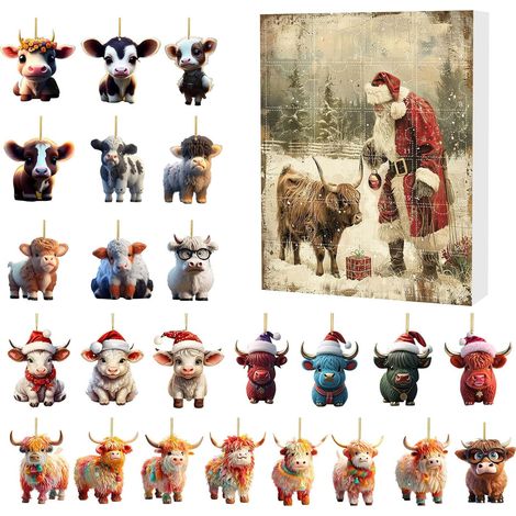 Calendrier de l'Avent 2024 Animaux Mignons, Décorations de Noël 2D Suspendues Chien Chat Vache Dragon Panda, Ornements de Sapin Festifs pour Fêtes, Lot Collectible (Vache) (1/5)