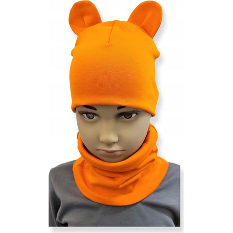 Set bestehend aus Mütze und Schal für Kinder mit Ohren, Größe 52-56, Orange