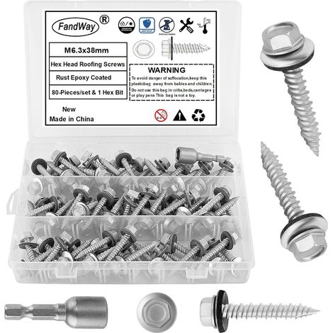 80 Pièces Vis Autoforeuses de Toiture,M6,3x38mm Vis à Tôle Autotaraudese à Tete Hexagonale et Autoperceuse pour Toit en Métal Avec Rondelles EPDM et 1 Embout. (1/5)