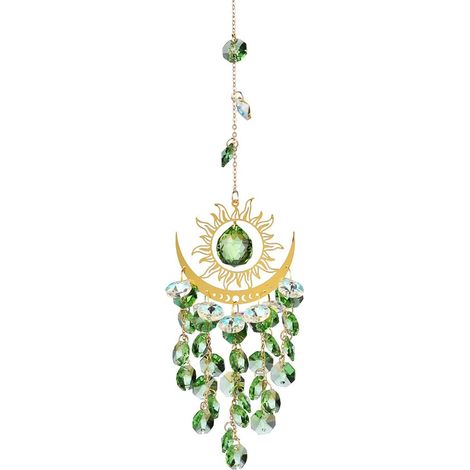 Attrape-Soleil en Cristal Soleil et Lune, Carillons Éoliens Colorés pour Vitraux Extérieurs, Prismes Suspendus, Décoration de Plafond de Jardin, Carillons Éoliens Bohèmes (Vert) (1/5)