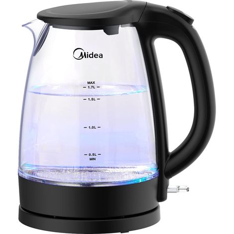 Midea MK-17G02A2 Bollitore Elettrico,Kettle 1.7L,Bollitore Vetro senza BPA, con Indicatore a LED Blu, 2200W Rapida Ebollizione, Filtro Rimovibile,Cavo Raccoglibile,Spegnimento Automatico (1/4)