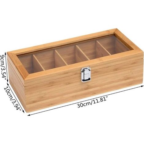 Scatola per il tè a 5 scomparti - Scatola per il tè - Scatola per il tè in legno - Scatola portaoggetti - Finestra in vetro - Colore legno naturale - Bambù e legno (1/4)