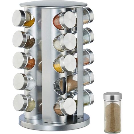 20 Pots en Verre, Présentoir à épices INOX, Rotatif 360°, 34,5 cm Hauteur, argenté (1/5)