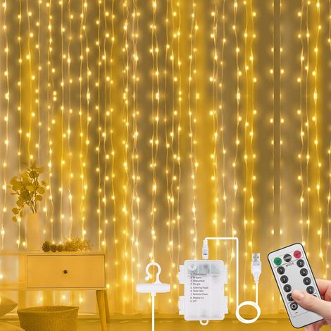 Guirlande lumineuse rideau, 300 LED, 3 m x 3 m, basse tension 5 V, 8 modes d'éclairage, étanche IP67, pour intérieur et extérieur, décoration pour Noël, mariage, anniversaire (1/4)