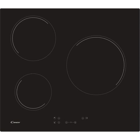 Candy Timeless CH63CC, piano cottura, tre zone, grande fuoco 25 cm, larghezza 59 cm, 10 livelli di potenza, 5500 W, comandi centrali, blocco sicurezza, allarme surriscaldamento e versamenti, nero (1/4)