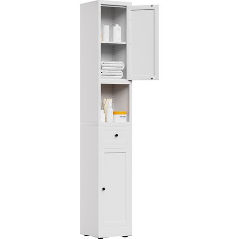 Meuble de rangement salle de bain blanc, armoire métallique étroite 5 étagères, 2 portes et tablettes réglables. Colonne autoportante gain de place pour cuisine, buanderie et cellier, H 180 × L 30 × P (1/5)