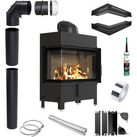 KRATKI LUCY links 14 kW Ø200 Eck SCHWARZ Kaminofen Einsatz Installationsset (1/5)
