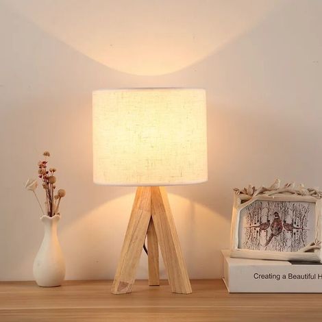 Lampe de chevet trépied en bois naturel, abat-jour en lin blanc E27, lampe vintage pour chambre, salon ou bureau (1/4)