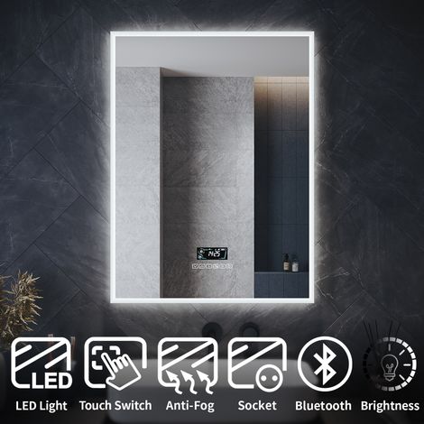 ELEGANT Bluetooth Bathroom LED Mirror with Shaver Socket 800x600mm Wall Mounted Bathroom Mirror with LED Lights Demister Pad Touch Switch Bright Adjustment Time Display (1/5)