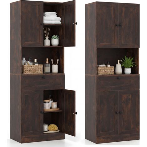 COSTWAY Tall Brown Bathroom Cabinet Freestanding Storage Cabinet Modern Wooden Storage Organizer (1/5)