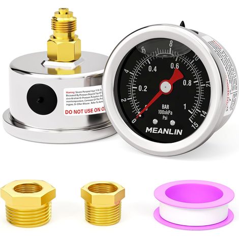 01Bar/015Psi 1/8" BSP 1.5" Stainless Steel Pressure Gauge, Glycerin Filled Liquid, Rear Mount (Black) with 1/4" BSP Hex Socket and 3/8" BSP (1/5)
