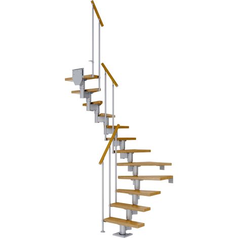 Dolle Mittelholmtreppe Dublin 1/2 gewendelt aus Eiche lackiert 71 cm breit für GH 278–337 cm UK Metall Perlgrau mit Einzelstabgeländer