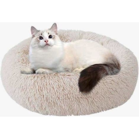 (Diamètre : 60 cm-beige)Panier Chien Chat Moelleux Rond - Coussin Apaisant en Peluche, Donut Lit Confortable Lavable pour Chien Chat (60cm, Beige) (1/4)