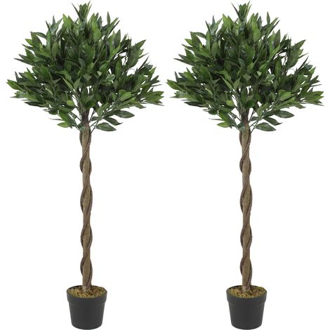 Outsunny Artificial Bay Laurel Topiary Trees with Twisted Trunk, Set of 2