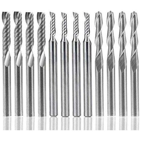 SABIR Fraise En Carbure De Tungstène 12 Pcs, 4 Pcs 1/8 "Pour Fraises Cnc Outils À Double Cannelure + 8 Fraises À 1 Arête Simple Pcs (2 Types) Pour Nylon, Résine, Abs, Acrylique, Pvc, Mdf, Bois (1/5)