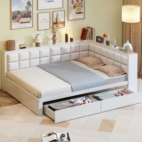 Letto divano in legno 140x200 cm, bianco, con morbida testiera e 2 cassetti contenitore (1/5)