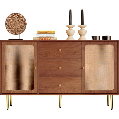 Credenza contenitore 150x40x90 cm in MDF effetto noce e metallo, 2 ante 3 cassetti - CHICFURN (1/5)
