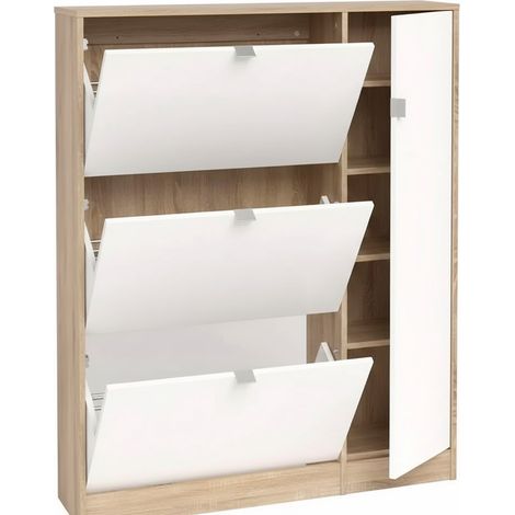 Scarpiera Salvaspazio Con 3 Ante A Ribalta E Mobile Laterale Capienza Fino A 18 Paia Design Moderno Per Ingresso E Corridoio 98.8 x 24.05 x 123.6 Cm Rovere e Bianco Lucido