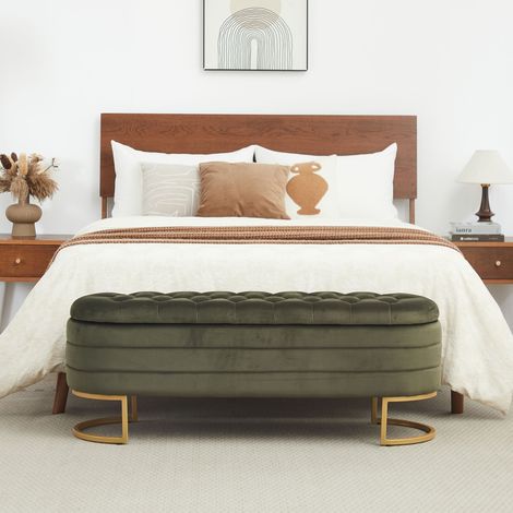 Une banquette de style Chesterfield en velours, avec rangement au niveau des pieds, pieds métal doré, pour les chambres, salons (1/5)