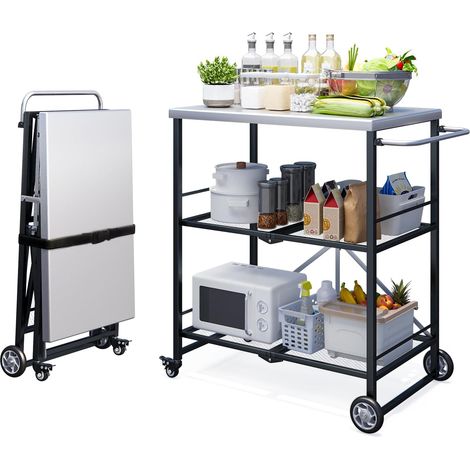 YODOLLA Folding Kitchen Trolley 3 Tiers Rolling Cart,Foldable Storage Shelves with Wheels & Handles, Metal Steel Shelves for Kitchen Laundry Bathroom Garage, Silver