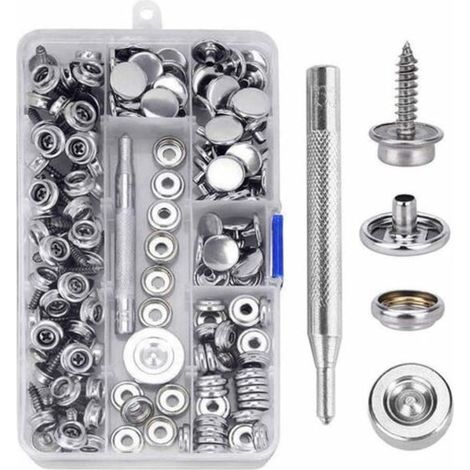 150 boutons-pression à vis en acier inoxydable Ø15 mm, attaches métalliques avec 2 outils de fixation, kit de rivets pression pour cuir, textile, bâche, vêtements et bricolage (1/5)