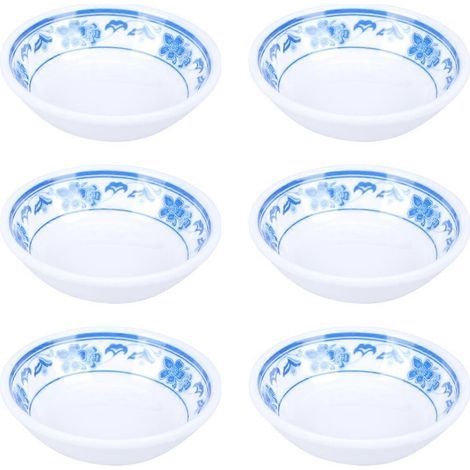 Lot de 6 assiettes à sauce en mélamine réutilisables, petites coupelles pour trempette, idéales pour les restaurants et la maison (bleu et blanc)-7X7X2cm (1/3)