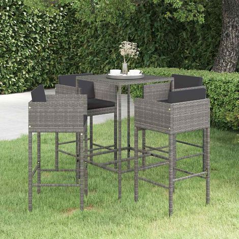 Ensemble Table de bar + 4 Chaises de bar de jardin - Table Haute avec 4 Tabourets et coussins Résine tressée Gris BV126324 - BonneVie (1/5)