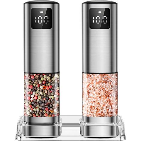 Upgraded rechargeable electric salt and pepper mill set with digital display, larger capacity spice mills with LED light and adjustable (1/5)