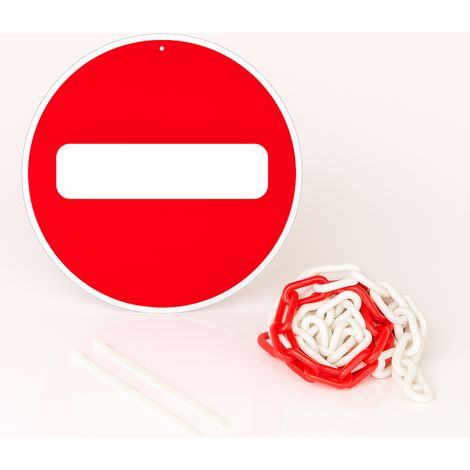 Sens interdit disque rigide prépercé avec chaine plastique rouge/blanc avec collier de serrage de serrage - panneau rond signalisation Diamètre 300 mm
