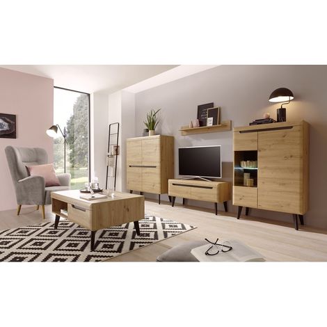 Wohnwand mit Couchtisch in Eiche Artisan mit Schwarz TIROL-61 skandinavisches Design B/H/T 344/170/40 (1/5)