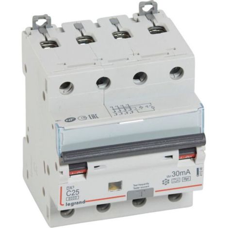 Disjoncteur différentiel monobloc DX³6000 10kA arrivée haute et départ bas à vis 4P 400V - 25A - typeF 30mA - LEGRAND