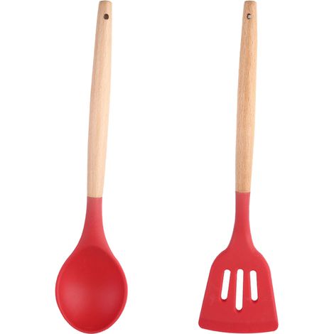 Ustensiles De Cuisine En Silicone Résistant À La Chaleur Avec Manche En Bois D'Acacia Pour Poêles Antiadhésives Lot De 2 (1/5)