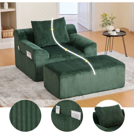 Fauteuil velours côtelé vert foncé sans cadre avec repose-pieds, poches latérales et coussin, aucun assemblage requis, 1 place (1/5)