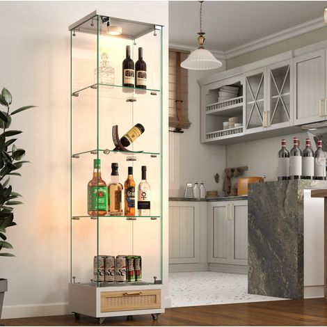 REDOM - Vitrine 42.5x36.5x167 cm, 4 étagères, LED 13 couleurs, tiroirs et rangement verrouillable, verre trempé blanc (1/5)
