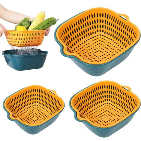 Juego de recipientes con filtro de agua: 3 filtros para frutas, 3 recipientes para lavar frutas y verduras, de plástico de doble capa y diferentes tamaños. (1/5)