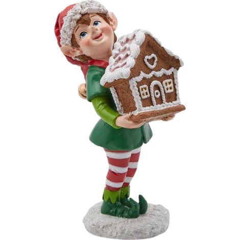 Statuetta di Elfo che trasporta una Casetta pan di zenzero da 18 cm