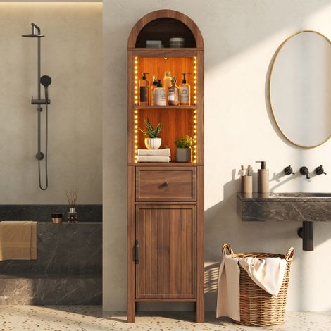 Armoire de salle de bains haute et indépendante de 163 cm de haut, dessus incurvé avec éclairage LED, porte réversible, tiroir, fermeture magnétique, charnières à fermeture amortie, 40 × 30 × 163 cm,  (1/5)