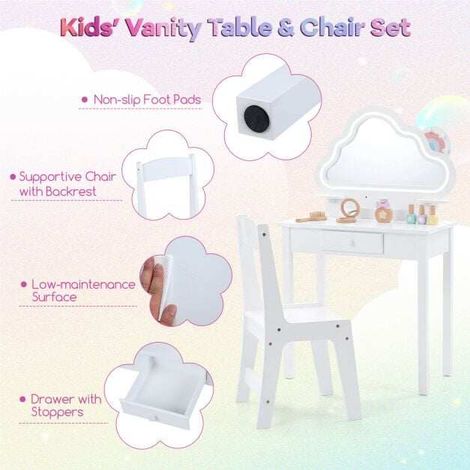 Coiffeuse enfant blanche en bois avec miroir nuage à LED et tabouret, rangements et bureau convertible pour chambre et salle de jeux (1/5)