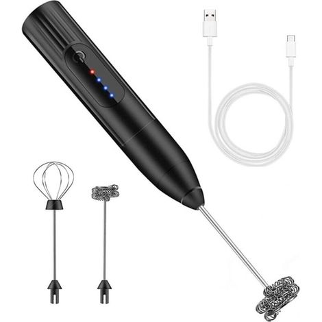 Mélangeur à mousse de lait avec 2 embouts interchangeables, USB, parfait pour cappuccino, latte, chocolat chaud, noir