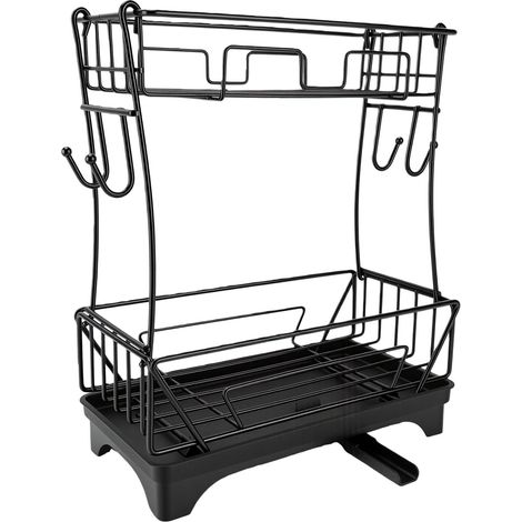 Égouttoir à vaisselle double couche pour porte-éponges, rangement et ventilation rapide, gain de place, noir. (1/5)
