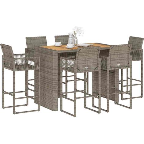 7-tlg. Gartenbar-Set ohne Kissen Grau Poly Rattan Akazie
