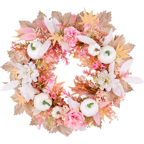 Künstlicher Herbstkranz mit weißen und rosa Kürbissen, Schaufensterdekoration (1/2)