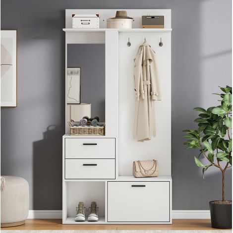 MEUBLIV Meuble d'entrée 90x30x180 cm blanc – miroir et rangement chaussures, sans matelas (1/5)