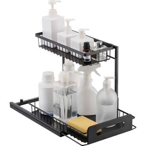 VEVOR Organizador de Gabinete Extraíble 2 Niveles 270x360 mm Organizador y Almacenamiento Debajo del Fregadero con Canasta para Gabinete de Cocina, Negro, Tamaño de Instalación 317x394x330 mm