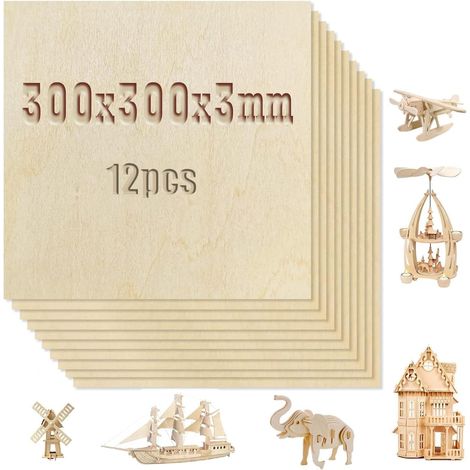 12pcs Contreplaqué 3mm, 300x300mm Plaque de Bois Brut, Planche en Bois Bricolage pour DIY, Découpe Laser, Peinture, Gravure (1/5)