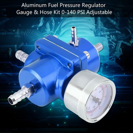 Régulateur de pression de carburant universel en aluminium avec manomètre et flexible, 0-140 PSI, réglable, bleu (1/5)