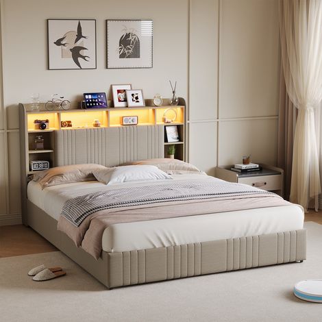 lit 160 x 200 cm avec sommier et 4 tiroirs, lit double avec USB et LED, lit double capitonné 160 x 200 cm en lin beige moderne (1/5)